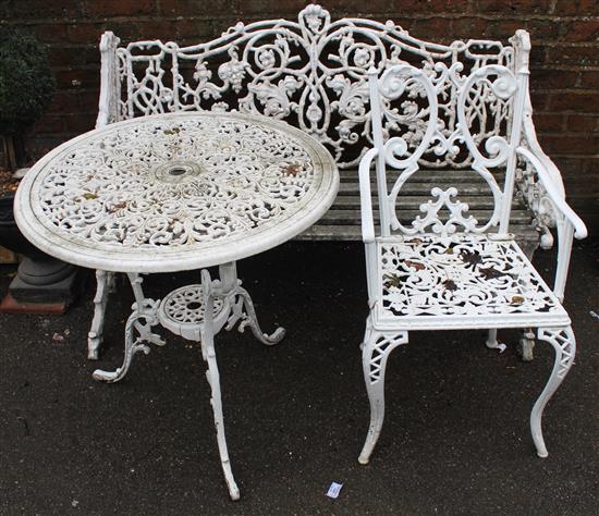Victorian metal frame garden bench, table & chair